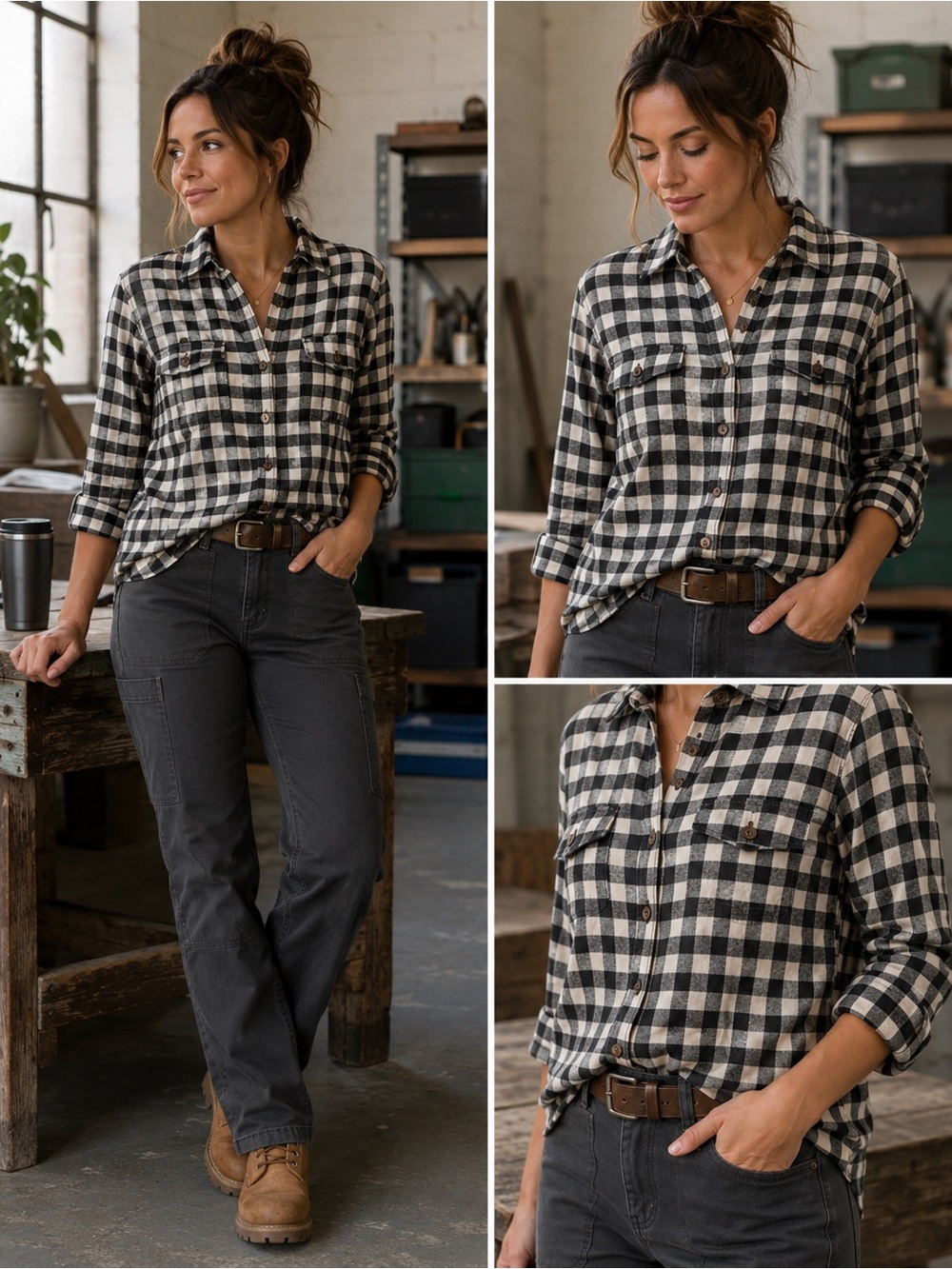 Carhartt Women’s Buffalo Plaid Flannel Shirt Small Black Cream Workwear